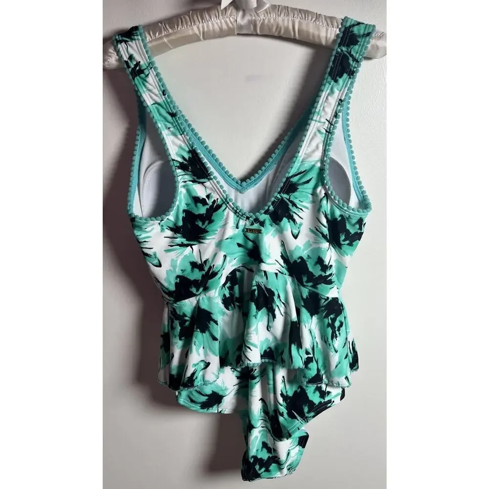 Nicole Miller Women’s Teal Pompom‎ One Piece Size 8 Ruffle Swimsuit NWOT